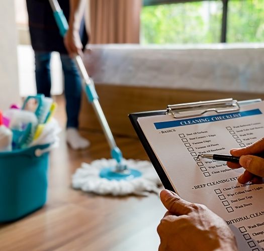 professional cleaning service Professional filling out a cleaning checklist with eco-friendly supplies for reliable service in Boston.